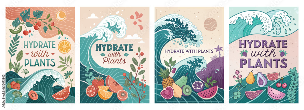 Fototapeta premium Set of four posters highlighting hydration with artistic waves and fruits