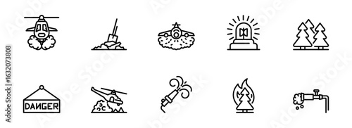 Line art icons depicting wildfire emergency response:  helicopters, planes, fire hoses, danger signs, and burning trees;  simple, bold black outlines on white background;  urgent, serious mood.