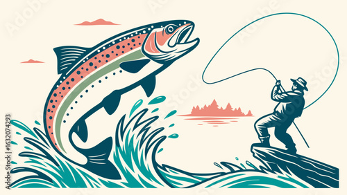Fisherman Landing a Leaping Rainbow Trout.