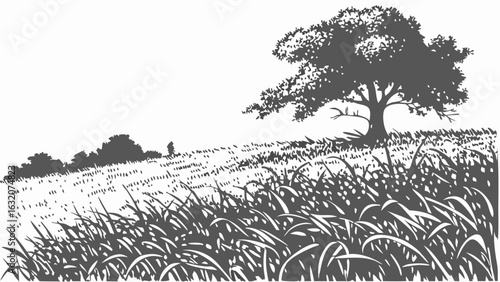 Grayscale Illustration of a Tree Grass and Distant Bushes.