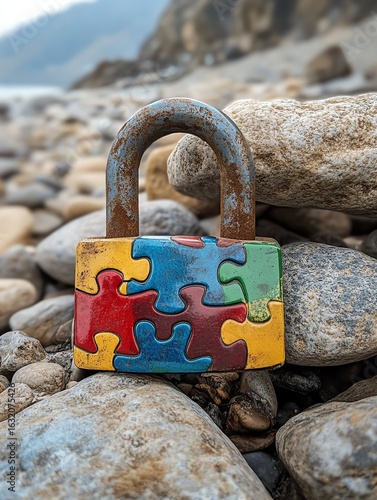 Colorful puzzle padlock on rocks, security concept