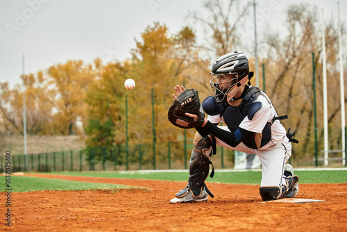 Photography Young athlete showcases skill catching a pitch on a vibrant baseball field durin