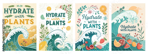 Set of four posters with colorful hydration slogans and vibrant nature elements