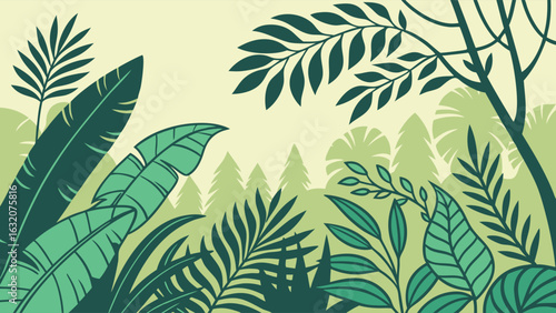 Lush Tropical Forest Illustration with Vibrant Leaves.