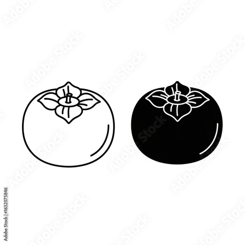 Flat Vector Icons of Persimmon in Outline and Filled Style