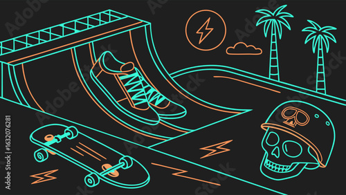 Neon Skate Park Scene with Shoes Skateboard and Skull Helmet.