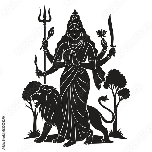 Silhouette of Goddess Durga with Lion and Weapons  Black Vector Hindu Deity Illustration for Navratri and Vijayadashami Festival