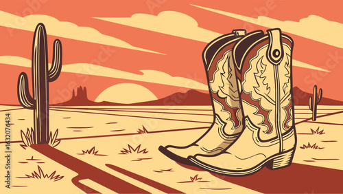 Ornate Cowboy Boots in a Desert Sunset.