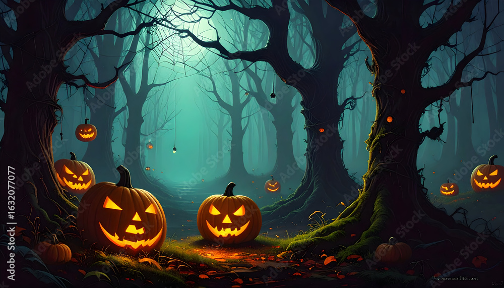 Fototapeta premium Halloween pumpkins in eerie forest with dark trees and glowing lights