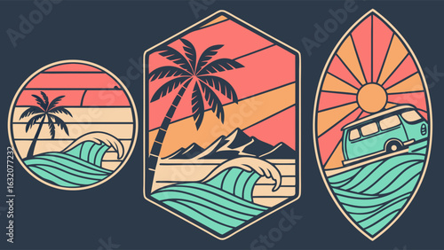 Retro Beach Scene with Palm Trees and Waves.