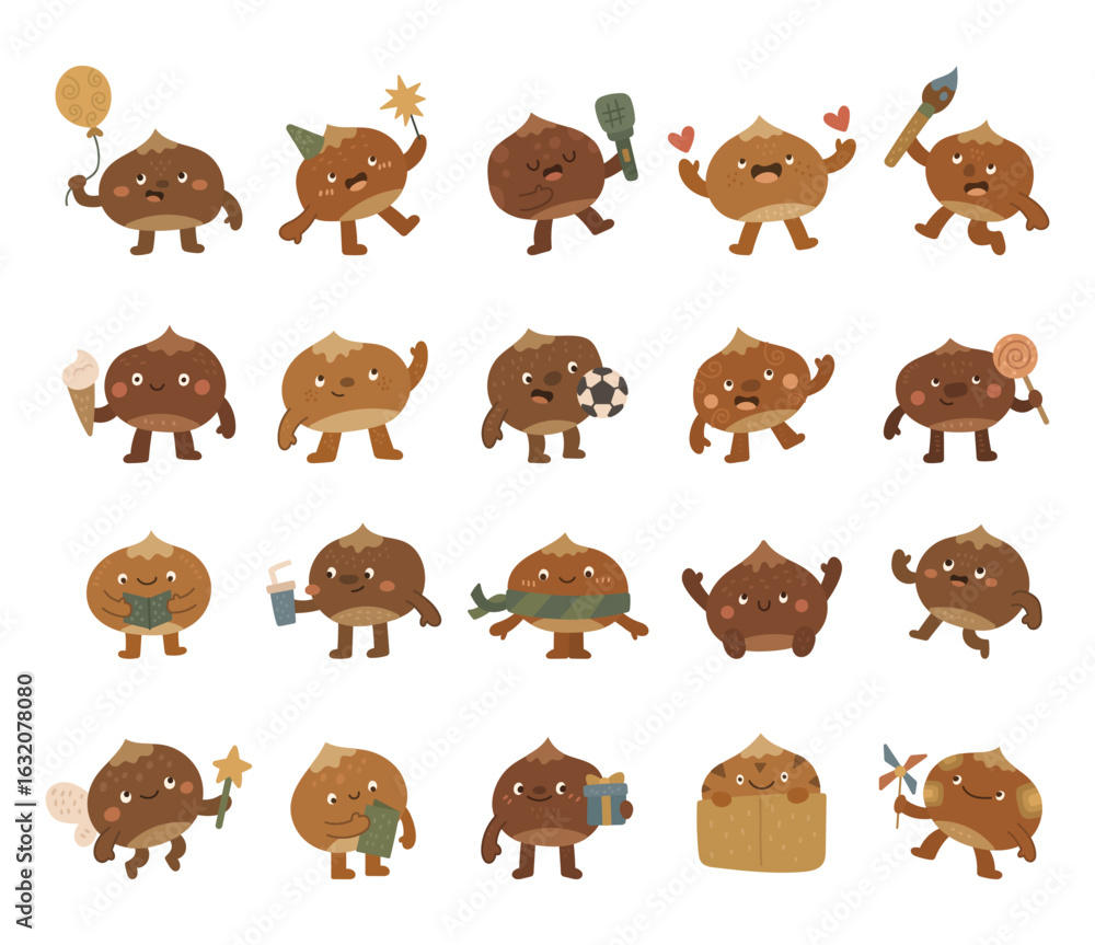 Fototapeta premium Chestnut character set in scandinavian style with various cute poses holding balloon, party hat, sparkler, ice cream, takeaway cup, gift and pinwheel for your creative design projects