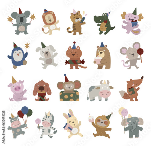Animal character set in scandinavian style with different poses, emotions and party hats holding cake, balloons, lollipop, gift, sparkler, confetti, candy for your projects