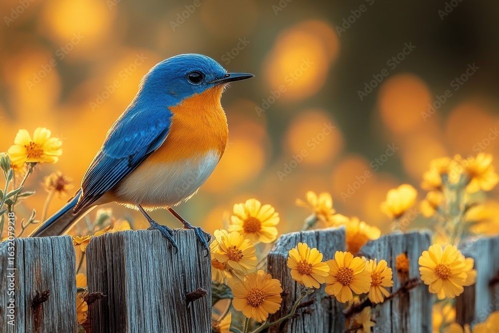 Obraz premium Bright Blue and Orange Songbird Perched on a Wooden Fence Among Yellow Flowers in a Warm Sunset Scene