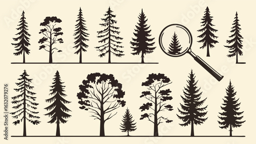 Silhouetted Trees and Magnifying Glass Illustration for Nature and Design.