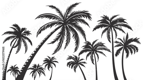 Silhouettes of Tropical Palm Trees Against a White Background.