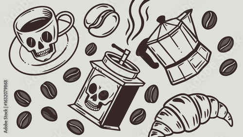 SkullAdorned Coffee Set Cup Grinder Moka Pot and Croissant.