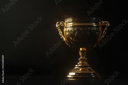 A golden trophy with intricate details illuminated against a dark and shadowy background space to the left