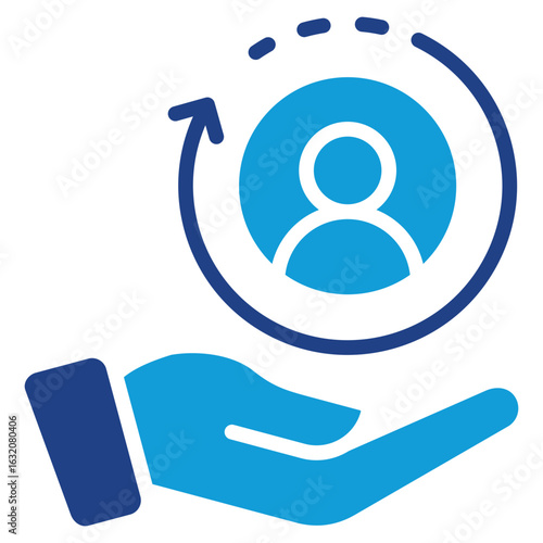 Customer Care Glyph Blue Silhouette Icon Design Vector - hand holding a user avatar encircled by a rotating arrow. Symbolizes customer care, user retention, and personalized service