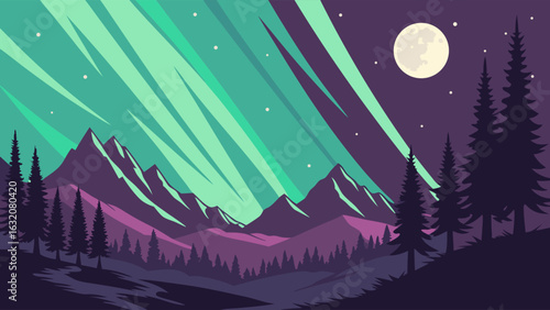 Stylized Landscape Depicting Mountains Aurora Borealis and Trees.