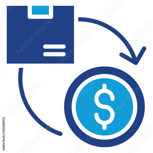 Product Monetization Glyph Blue Silhouette Icon Design Vector - box and a dollar sign connected by a circular arrow. Represents product sales, e-commerce flow, and revenue cycle