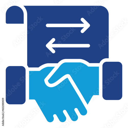 Partnership Agreement Glyph Blue Silhouette Icon Design Vector - handshake in front of a document. Represents partnership agreement, mutual understanding, and contract negotiation