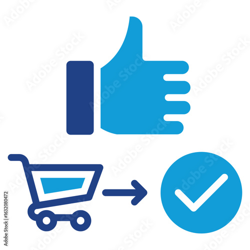 Purchase Approval Glyph Blue Silhouette Icon Design Vector - thumbs-up with cart and check mark, illustrating accepted or approved purchase order