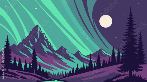 Stylized Landscape Depicting Mountains Trees and Aurora Borealis.