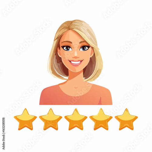 Customer review, positive user feedback. Five star rating. Smiling Person with 5 yellow stars. illustration icon isolated on white background. Online feedback. Vector