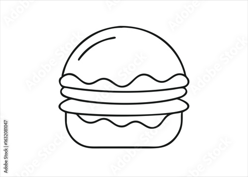 A simple black and white line art depiction of a classic hamburger with all the fixings isolated on white background