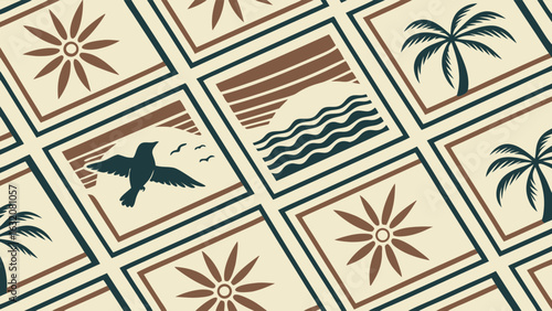 Summery Pattern with Birds Palm Trees and Seascapes.