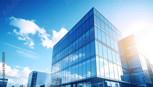 Modern glass office building reflecting blue sky and clouds, showcasing contemporary architecture and vibrant atmosphere