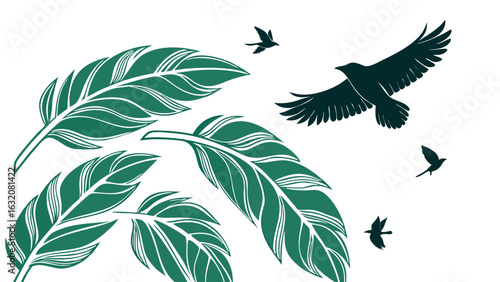 Teal Feather and Bird Silhouette Design.