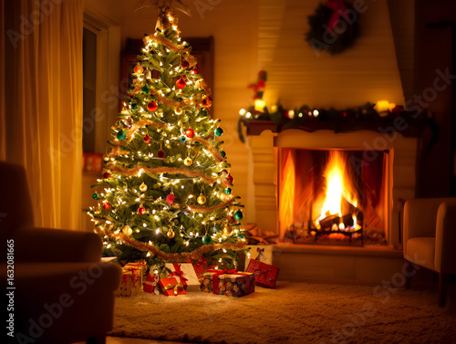 Decorated evergreen tree with glowing lights and ornaments beside a warm fireplace with gifts