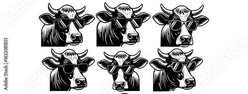 Collection of detailed black and white cow head portraits with horns and cowbells in a striking silhouette style isolated on transparent background