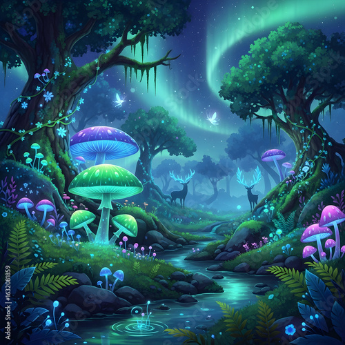 Enchanted Forest with Glowing Mushrooms and Northern Lights