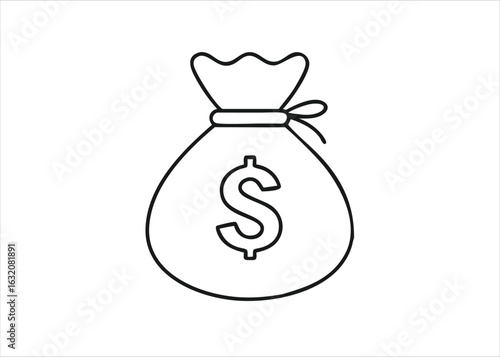 A simple black silhouette of a money bag representing finance and wealth isolated on white background