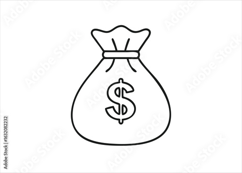 A simple black silhouette of a money bag representing finance and wealth presented as a clean graphic element isolated on white background