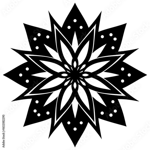 Vector art of sharp black and white geometric floral starburst design, isolated on white background, showcasing a modern abstract art style with intricate details