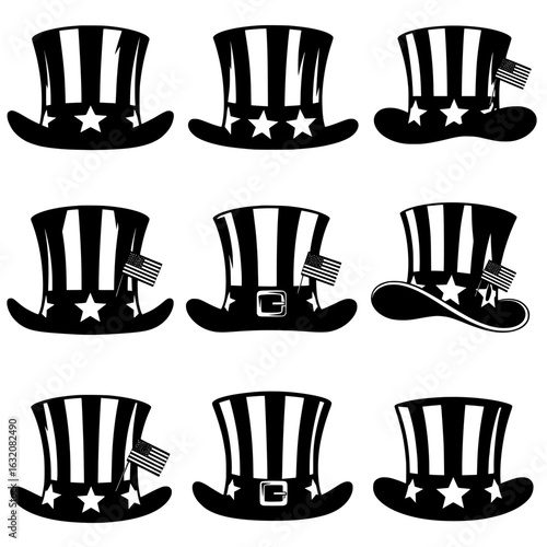 Collection of  black and white uncle sam top hats with stars and stripes patterns isolated on transparent background silhouette