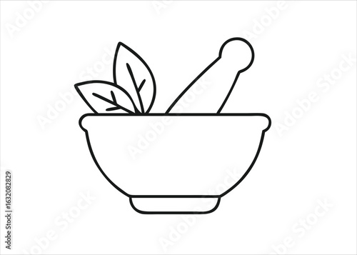 A simple black outline graphic of a mortar and pestle with herbs representing culinary preparation and natural ingredients isolated on white background