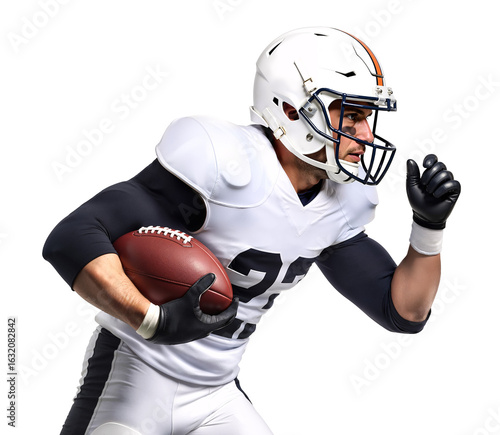 Determined American football athlete in sprint holding football tight in defensive pose