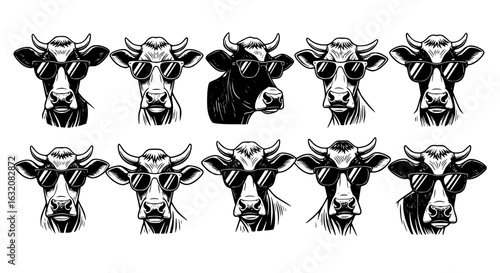 Collection of detailed black and white cow head portraits with horns and cowbells in a striking silhouette style isolated on transparent background