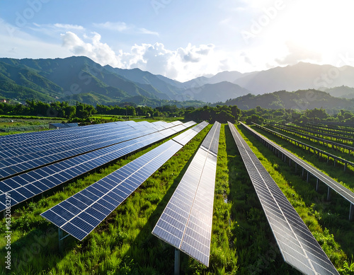 Solar panels in vast field with mountains in background, showcasing renewable energy and sustainable technology