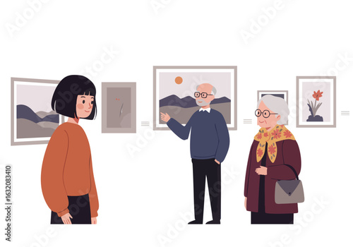 Vector Illustration of People at Art Gallery with Paintings in Modern Style