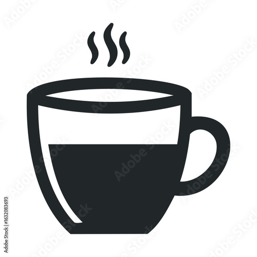 Minimalist black coffee cup icon with steam lines on white background