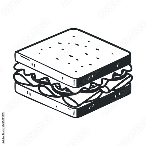 Black and white illustration of a classic sandwich with lettuce and meat