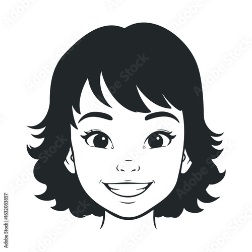 Smiling female child character illustration with short black hair