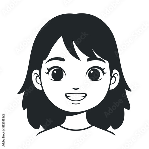 Smiling cartoon girl with black hair and large eyes in simple monochrome style