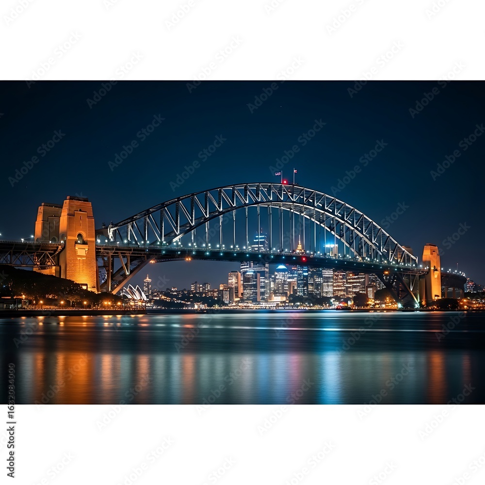 Fototapeta premium Illuminated city skyline with a large bridge at night.