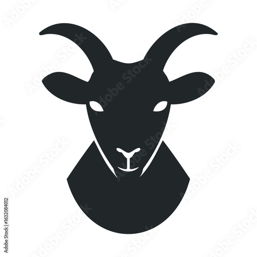 Black goat silhouette with prominent horns and white eyes on white background